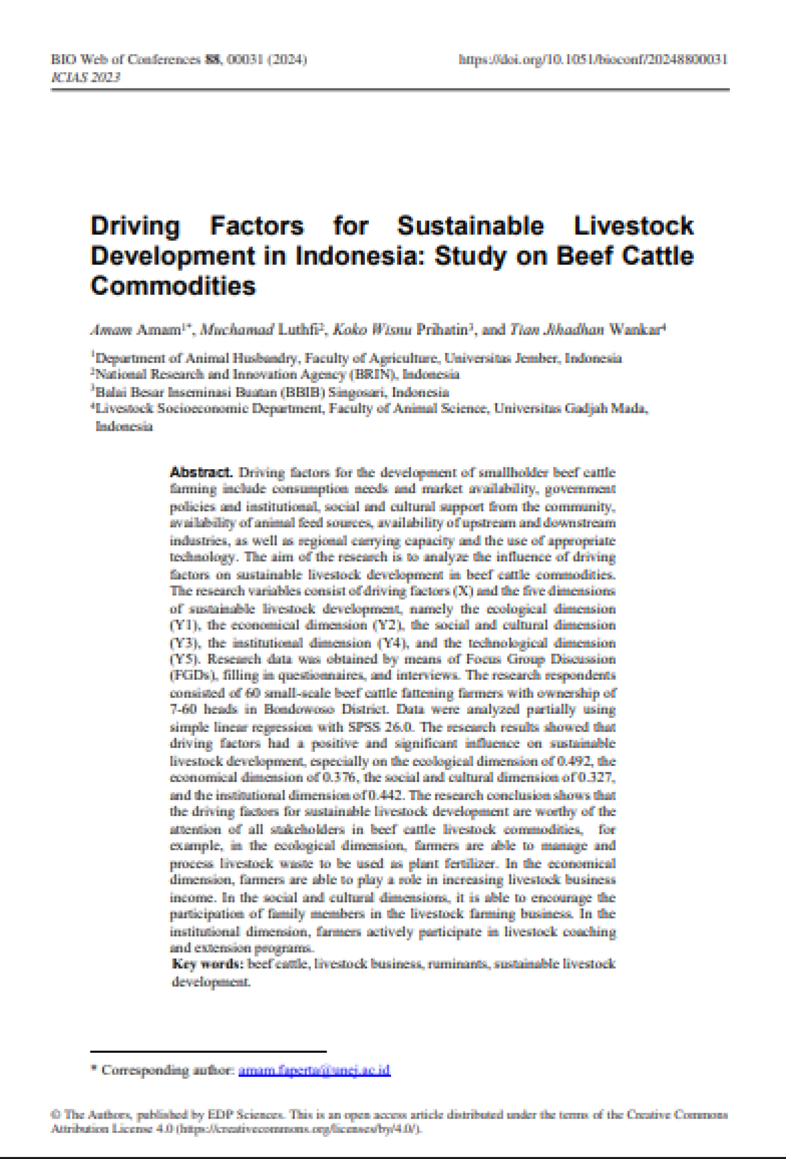 Faktor-Faktor Pendorong Pembangunan Peternakan Berkelanjutan di Indonesia: Studi tentang Komoditas Sapi Pedaging